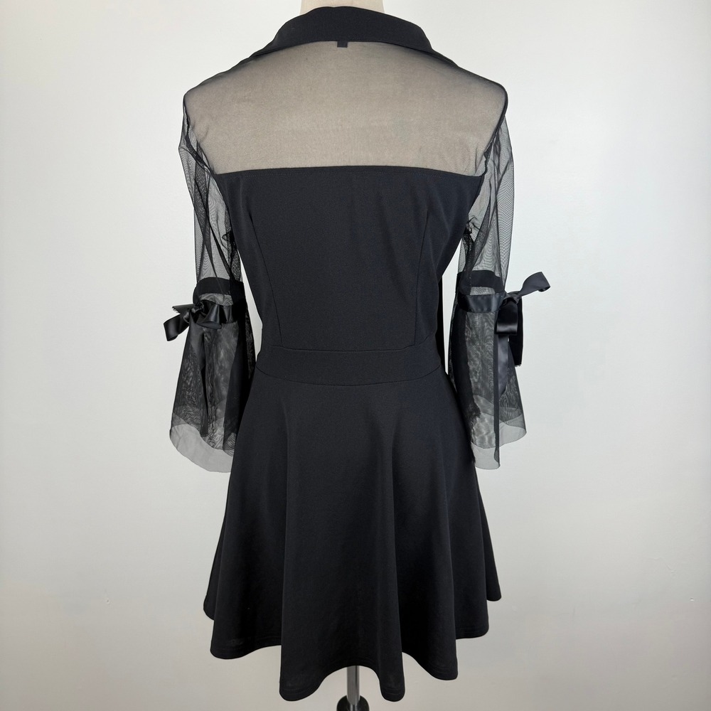Black Mesh Sheer Bell Sleeve Gothic Dress Satin Ribbon Tie Bows Mini Size Large - Picture 5 of 10
